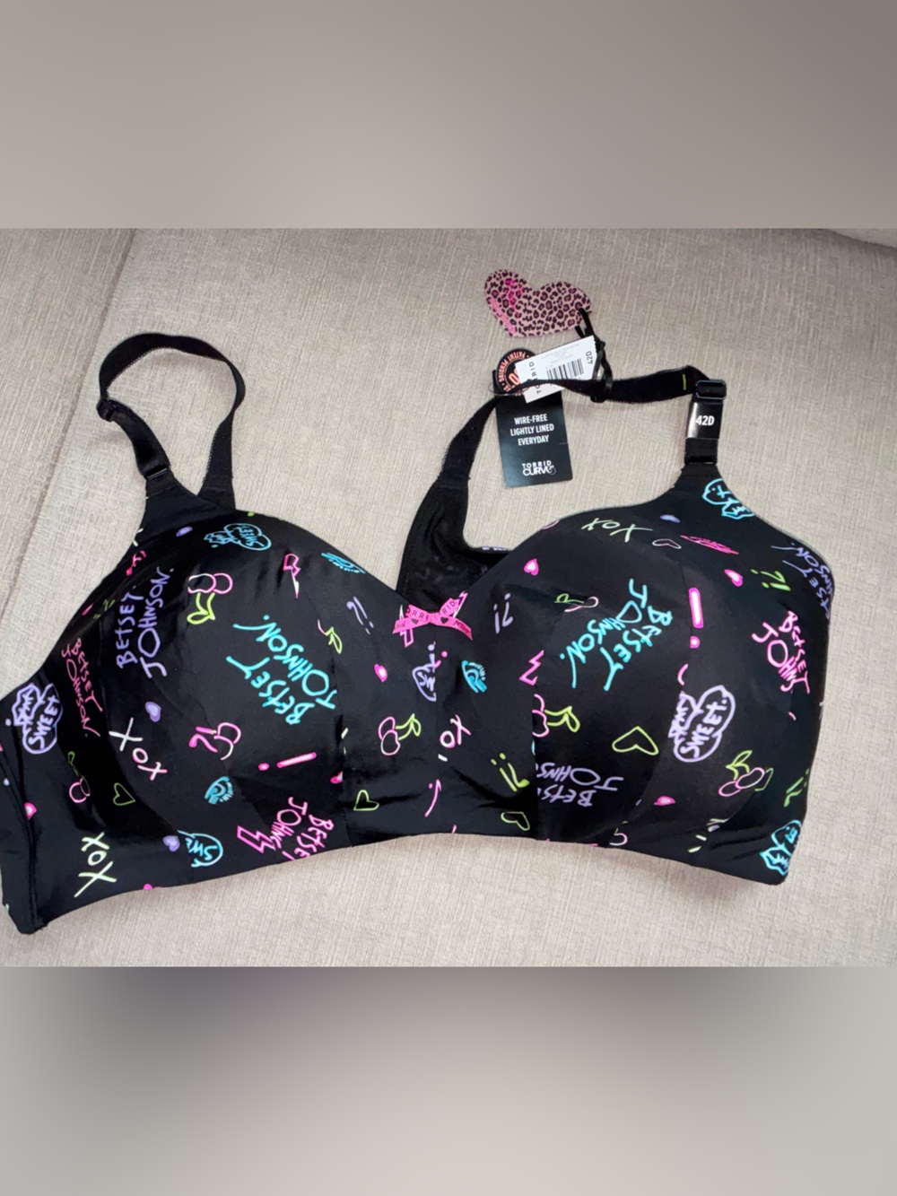 Betsey Johnson X Torrid Black Bra with Neon Pink, Blue & Green Graffiti Print